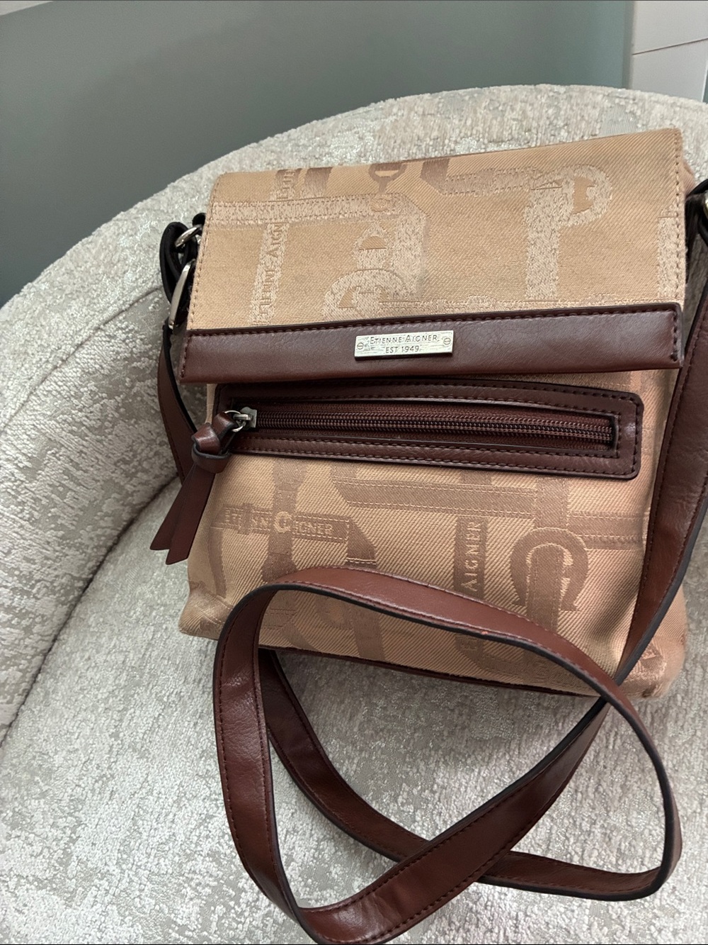 Etienne Aigner Tan and Brown Signature Crossbody Purse.